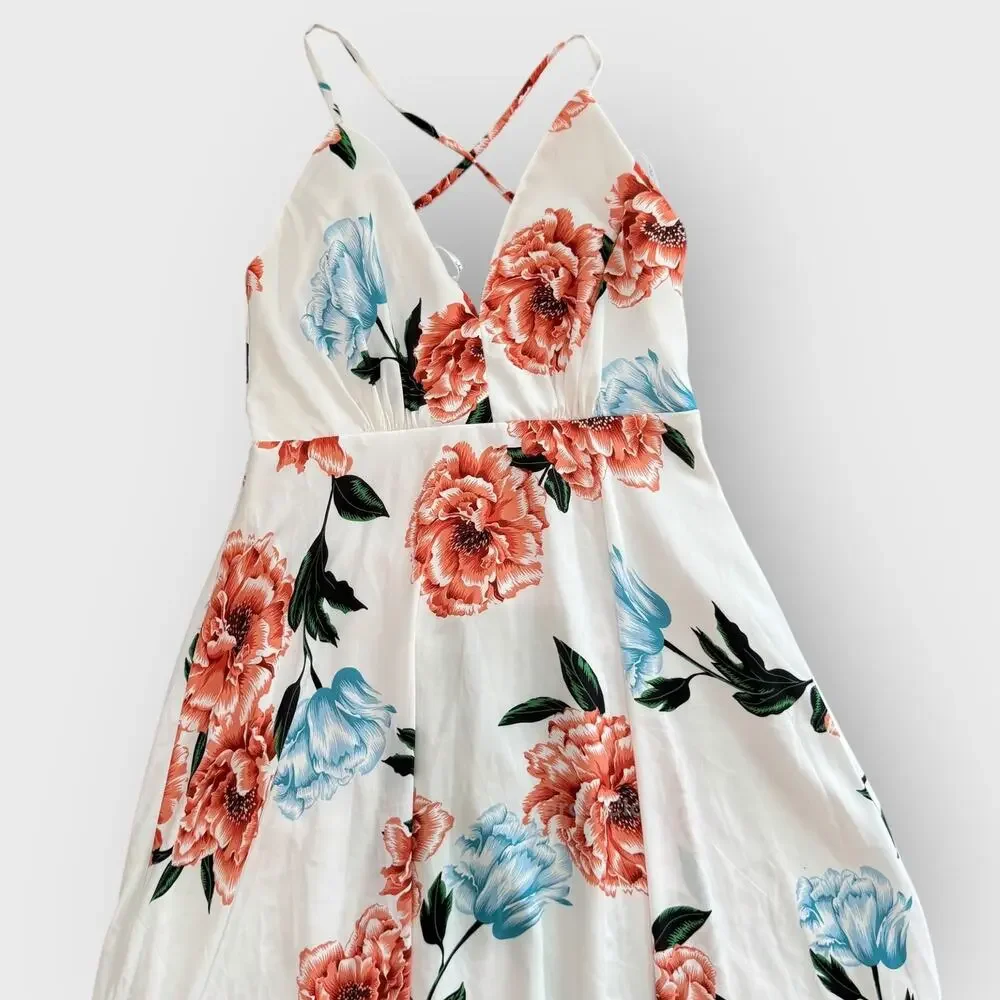 Lulus Floral Midi Dress Medium White Plunge Neck Crisscross Back Romantic Summer